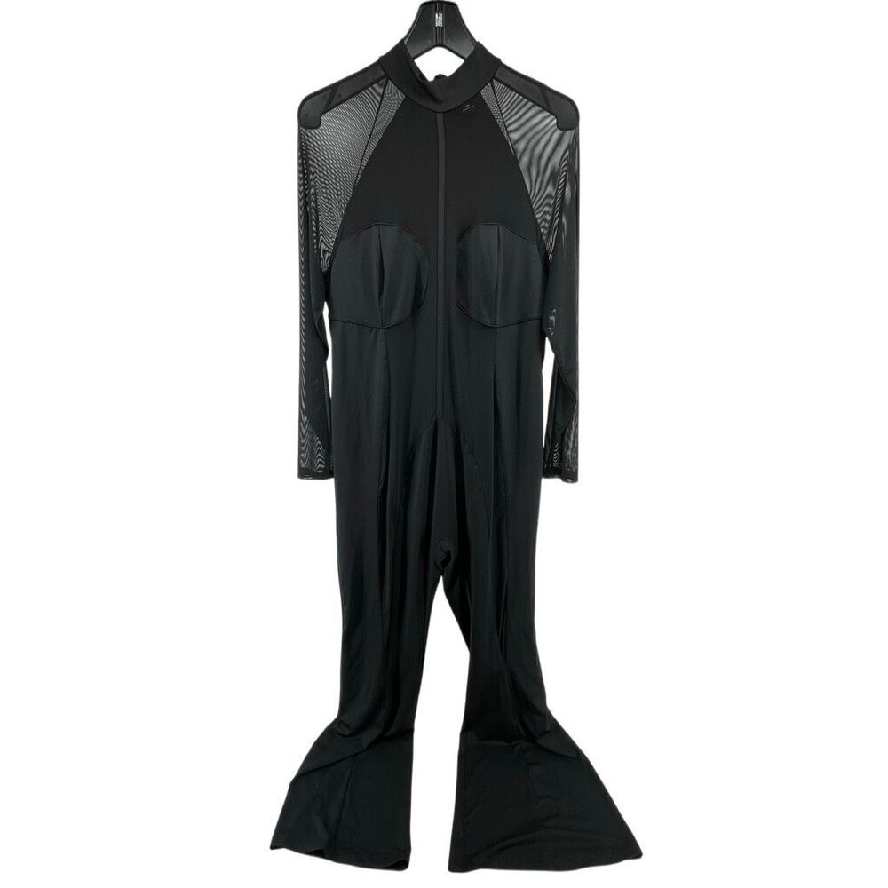 SHEIN Curve 1XL Black Mesh Panel Flare Jumpsuit Sheer Sleeve Statement Piece - Picture 2 of 15